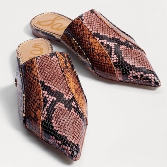 Sam Edelman Brown Snake Print Mules Leather Pointed Toe - Picture 1 of 6